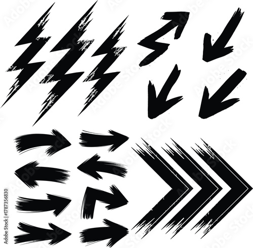 Black silhouette arrow vector set icons flying like birds, symbols, and design elements