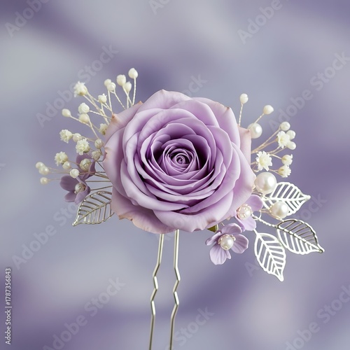 Elegant Lavender Rose Hair Pin with Babys Breath and Silver Leaves.