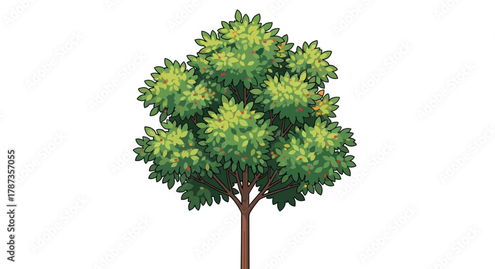 Fototapeta premium Cartoon Fruit Tree with Green Leaves and Small Red Fruits