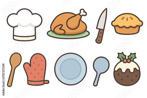 Culinary delights for winter celebrations featuring festive dishes. Set of 6 Christmas vector illustration