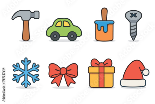 Tools, winter symbols, and gifts for festive occasions and activities. Set of 6 Christmas vector illustration