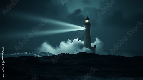sweeping. Lighthouse beam cutting through stormy night sky sweeping across dark choppy ocean waves. travel magazines, destination branding, designed for outdoor magazines and nature guides.