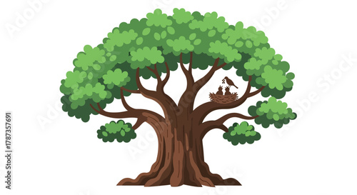 Old Big Tree with Bird Nest Cartoon. Large Green Mighty Oak Illustration. Nature and Environment Icon.