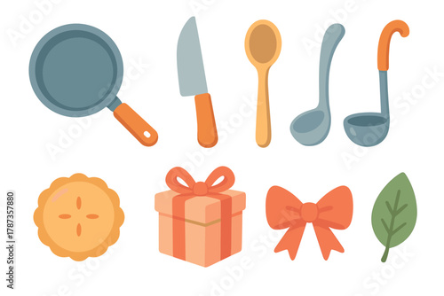 Kitchen tools and festive items for holiday baking projects. Set of 6 Christmas vector illustration