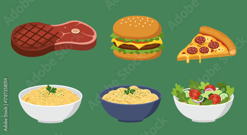 Collection of Delicious Food Items Including Steak Burger Pizza Pasta and Salad.