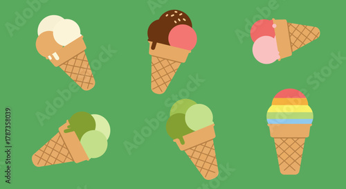 Collection of Delicious Ice Cream Cones on Green Background.