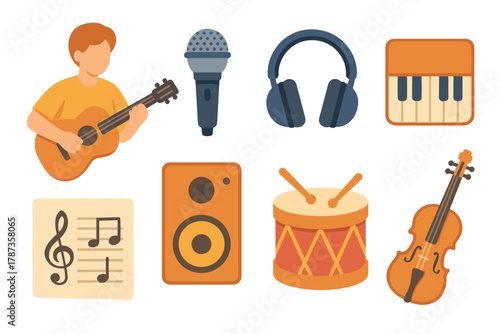 Music instruments and musician enjoying a creative session. Set of 6 Christmas vector illustration