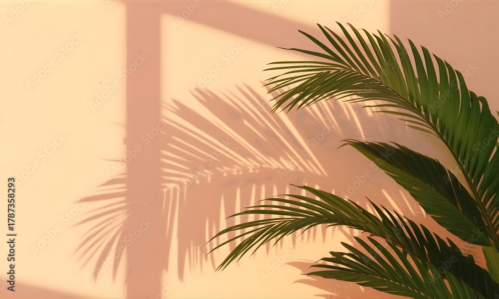 Fototapeta premium Green palm fronds casting intricate shadows on a warm peachy wall