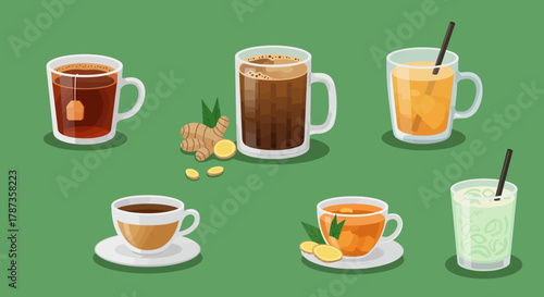 Collection of hot and cold beverages in cups and glasses.