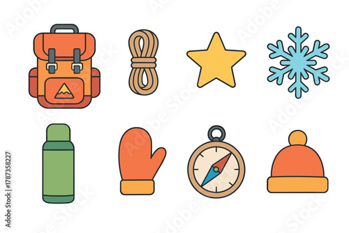 Outdoor adventure gear for winter activities and exploration. Set of 6 Christmas vector illustration