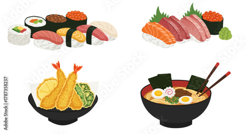 Collection of Japanese Food Dishes.