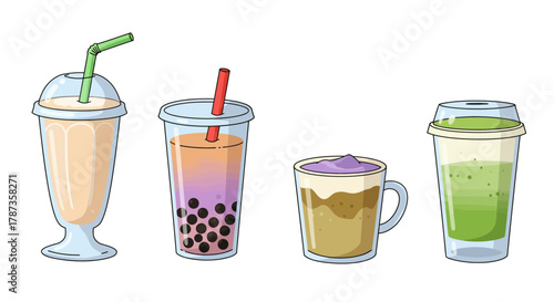 Collection of Popular Bubble Tea and Coffee Drinks.