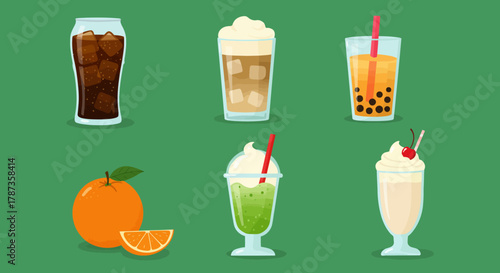 Collection of Refreshing Drinks and Fresh Orange Fruit.