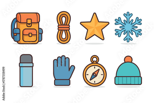 Essential gear for winter adventure and exploration activities. Set of 6 Christmas vector illustration