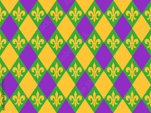 Mardi Gras Rhombus and Fleur de Lis Seamless Pattern.