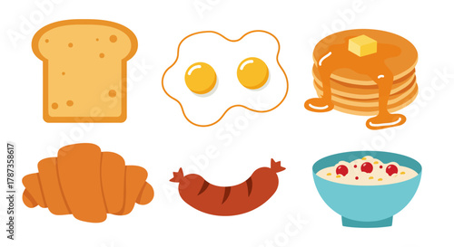 Delicious Breakfast Food Items Assortment Flat Illustration.