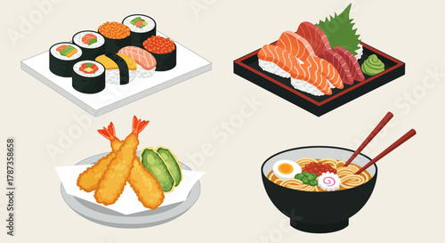 Delicious Japanese Food Assortment with Sushi Sashimi Tempura and Ramen.