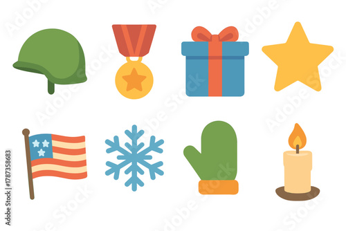 Colorful symbols of celebration and honor for festive occasions. Set of 6 Christmas vector illustration