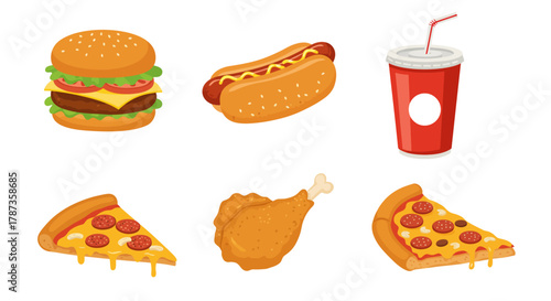 Fast Food Collection Hamburger Hot Dog Drink Pizza Fried Chicken.