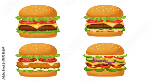 Delicious Gourmet Burgers Collection Isolated on White Background.
