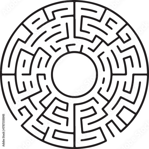 Circular maze vector outline with a central solution point, presented as an intricate puzzle on a dark background.