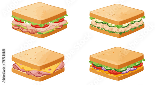 Four Delicious Sandwiches Isolated on White Background 1.