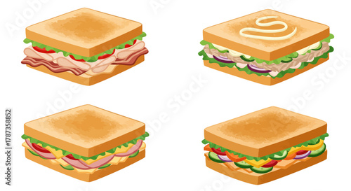 Four Delicious Sandwiches Isolated on White Background.