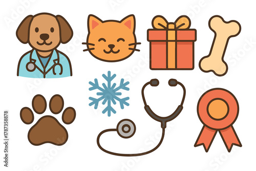 Pet care and celebration elements with animals and gifts. Set of 6 Christmas vector illustration