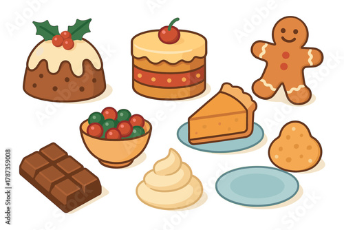Delicious variety of holiday desserts for festive gatherings. Set of 6 Christmas vector illustration