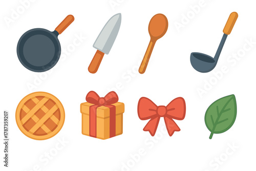Chef tools for culinary preparation and baking activities. Set of 6 Christmas vector illustration