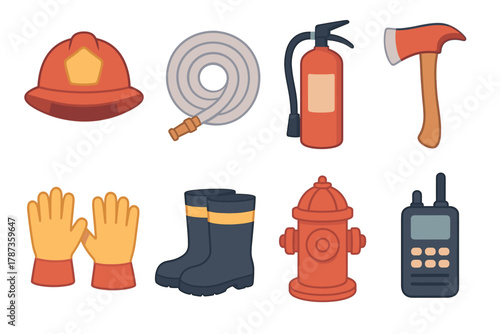Essential firefighting equipment for emergency response and safety. Set of 6 Christmas vector illustration