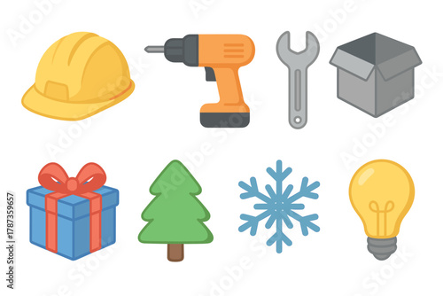 Construction tools and holiday symbols for festive decoration ideas. Set of 6 Christmas vector illustration