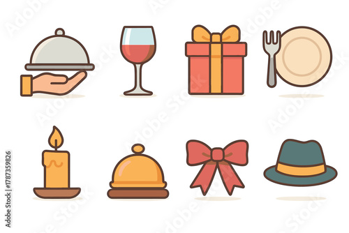 Dinner party theme with festive elements for special occasions. Set of 6 Christmas vector illustration
