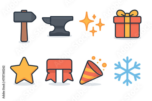 Holiday celebration with gifts and festive decorations for events. Set of 6 Christmas vector illustration