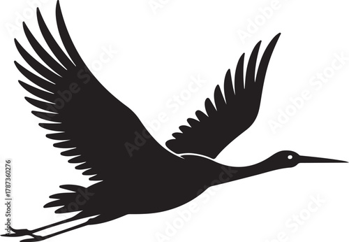 Black vector silhouette of a graceful crane bird in flight with outstretched wings
