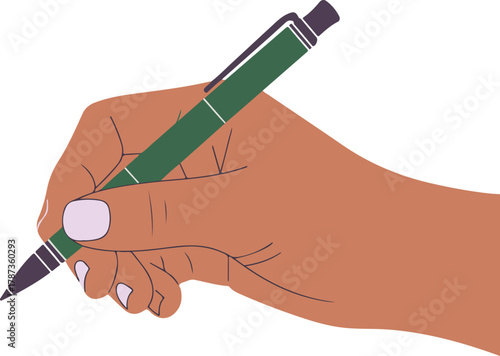 Brown skinned hand holding a green pen vector ready for writing signing or drawing documents