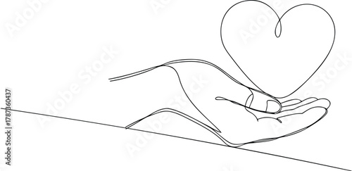 Single line drawing of a hand holding a heart love