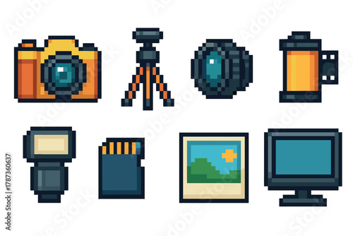 Essential tools for photographers and creators in pixel art style. Set of 6 Christmas vector illustration