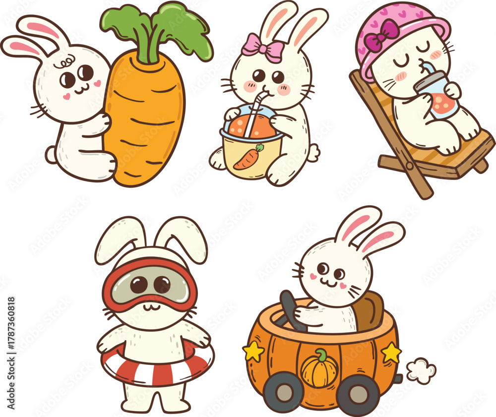 Fototapeta premium Set of cute summer rabbit cartoon doodle hand drawn character illustration