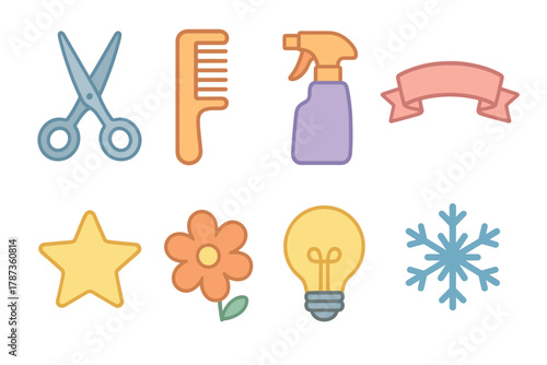 Creative tools and fun elements for hair styling and crafting. Set of 6 Christmas vector illustration