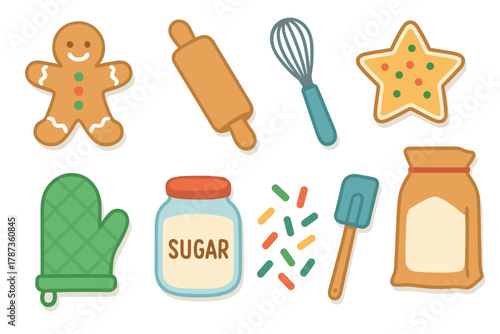 Baking gingerbread cookies for festive celebration and joy. Set of 6 Christmas vector illustration
