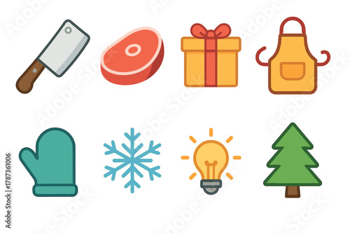 Cooking and holiday preparation icons for festive kitchen activities. Set of 6 Christmas vector illustration