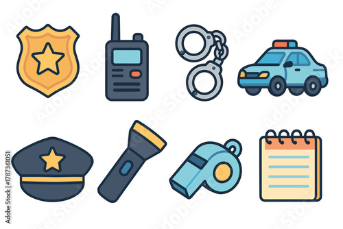 Essential tools and symbols of law enforcement for community safety. Set of 6 Christmas vector illustration