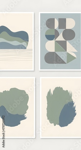Set of four minimalist abstract art prints featuring organic shapes, geometric patterns, and soft pastel colors for modern interior decor