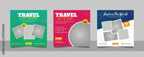Travel tour promotion banner traveling business marketing social media post square flyer template set