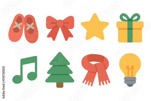 Festive holiday decorations for winter celebrations and events. Set of 6 Christmas vector illustration