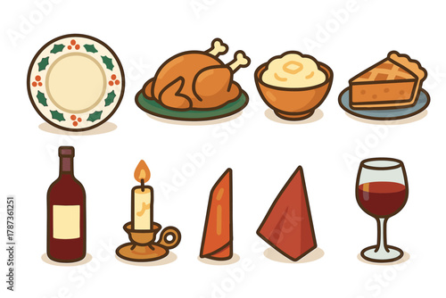 Traditional holiday feast with turkey, sides, and decorations. Set of 6 Christmas vector illustration