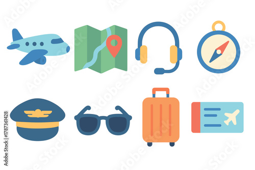 Travel essentials for airplane journeys and adventure planning. Set of 6 Christmas vector illustration