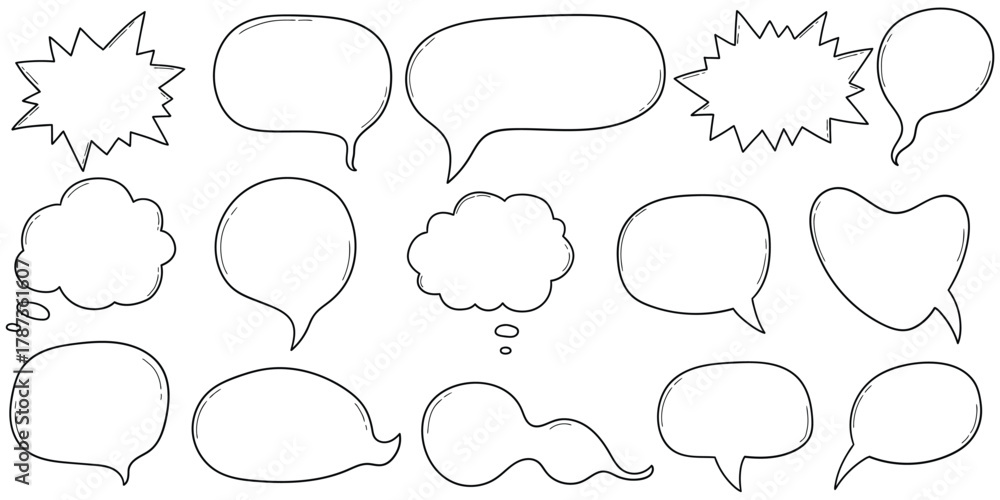 Fototapeta premium Hand-drawn doodle set of empty speech bubbles on a white background.