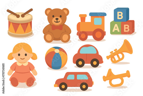 Colorful toys for children including teddy bear and wooden train. Set of 6 Christmas vector illustration